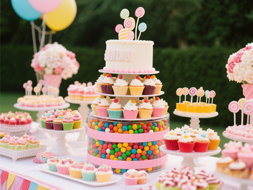 甜品桌是糖果派对的视觉焦点。因此，甜品区域需要设计